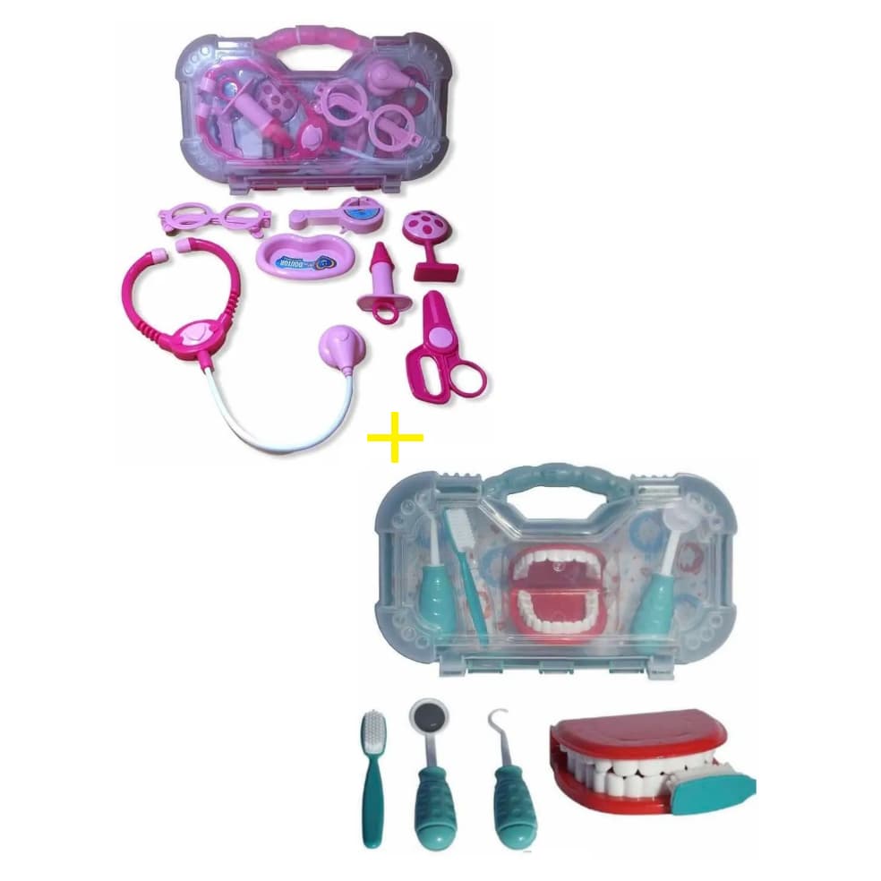Maleta Kit Medico Rosa e Maleta Kit Dentista Verde Odontologia Brinquedo Profissoes Educativo Natal