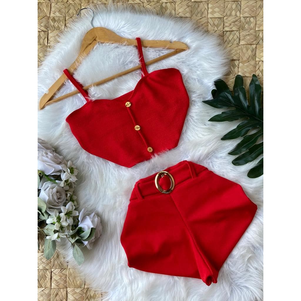 Blusa Vermelha + Short + Cinto (3 peças) LINDO Só Hoje! Crepe Dior