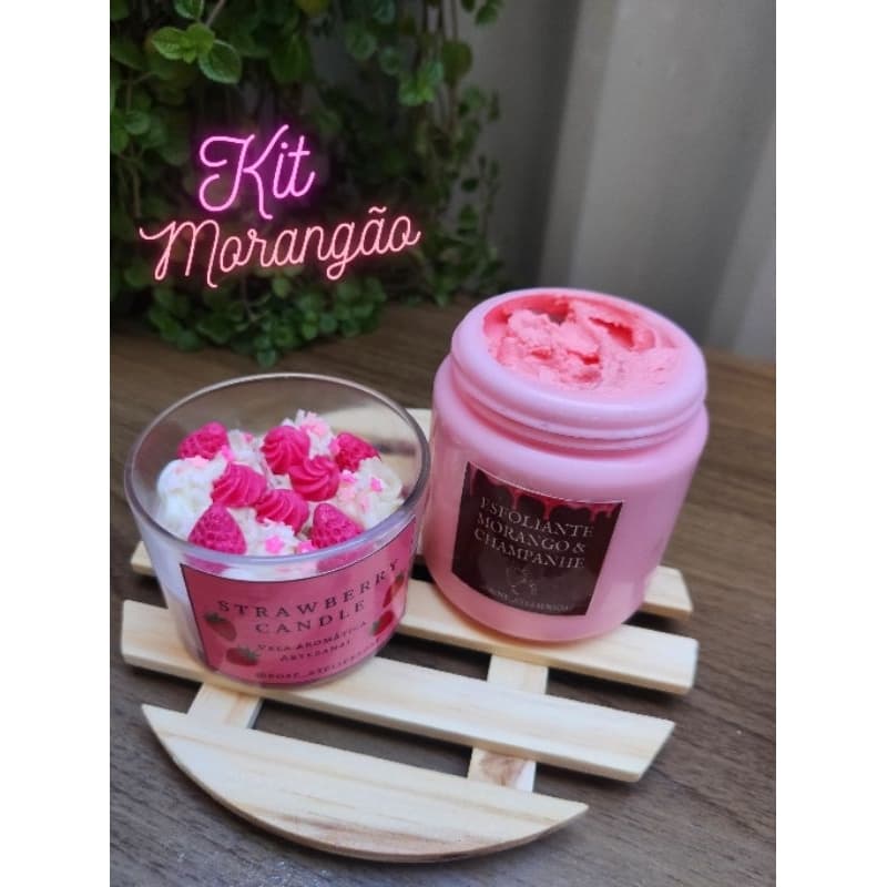 kit vela aromática de morango + esfoliante corporal