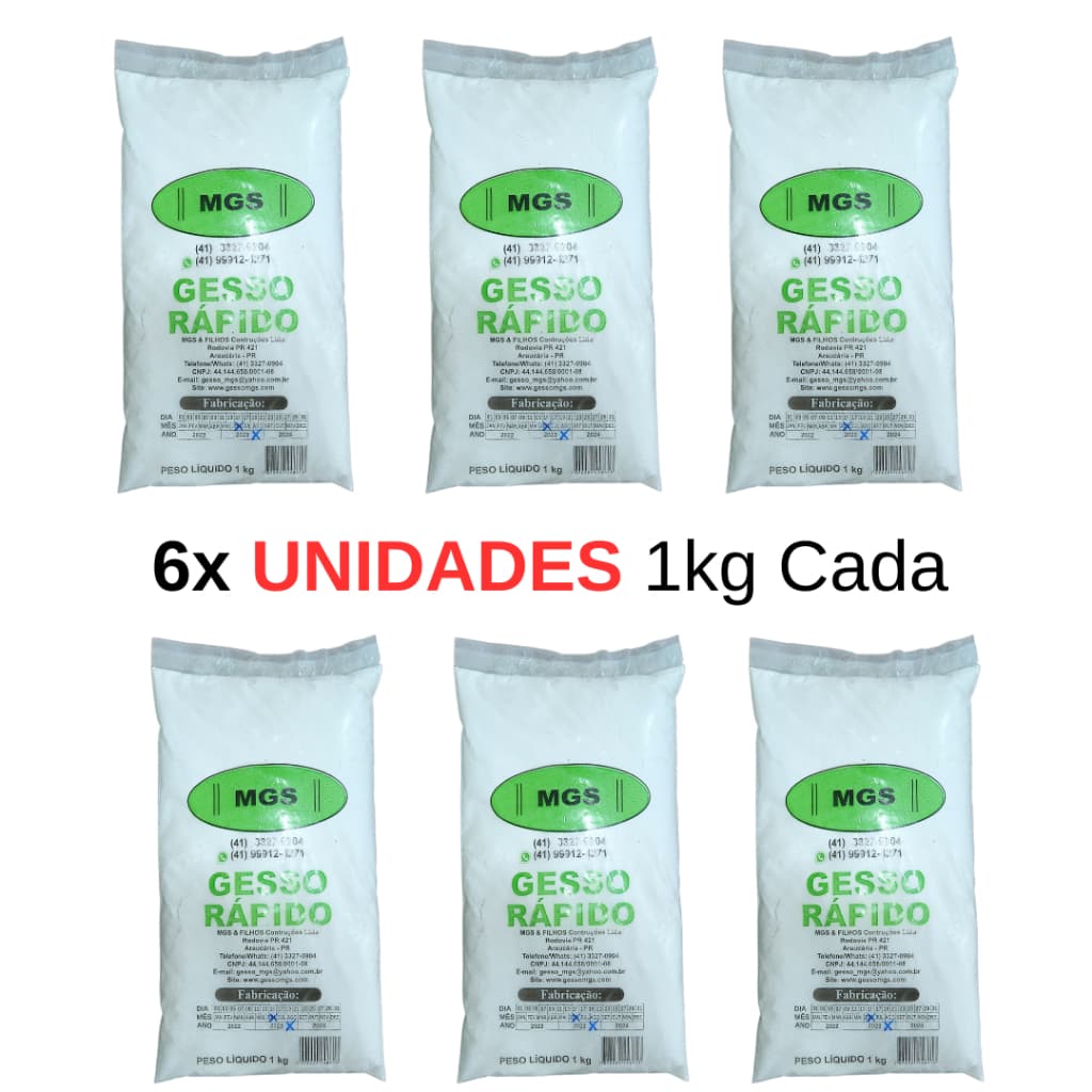 Kit 6 Unidades de 1KG Gesso Branco Secagem Rápida Artesanato e Reparos