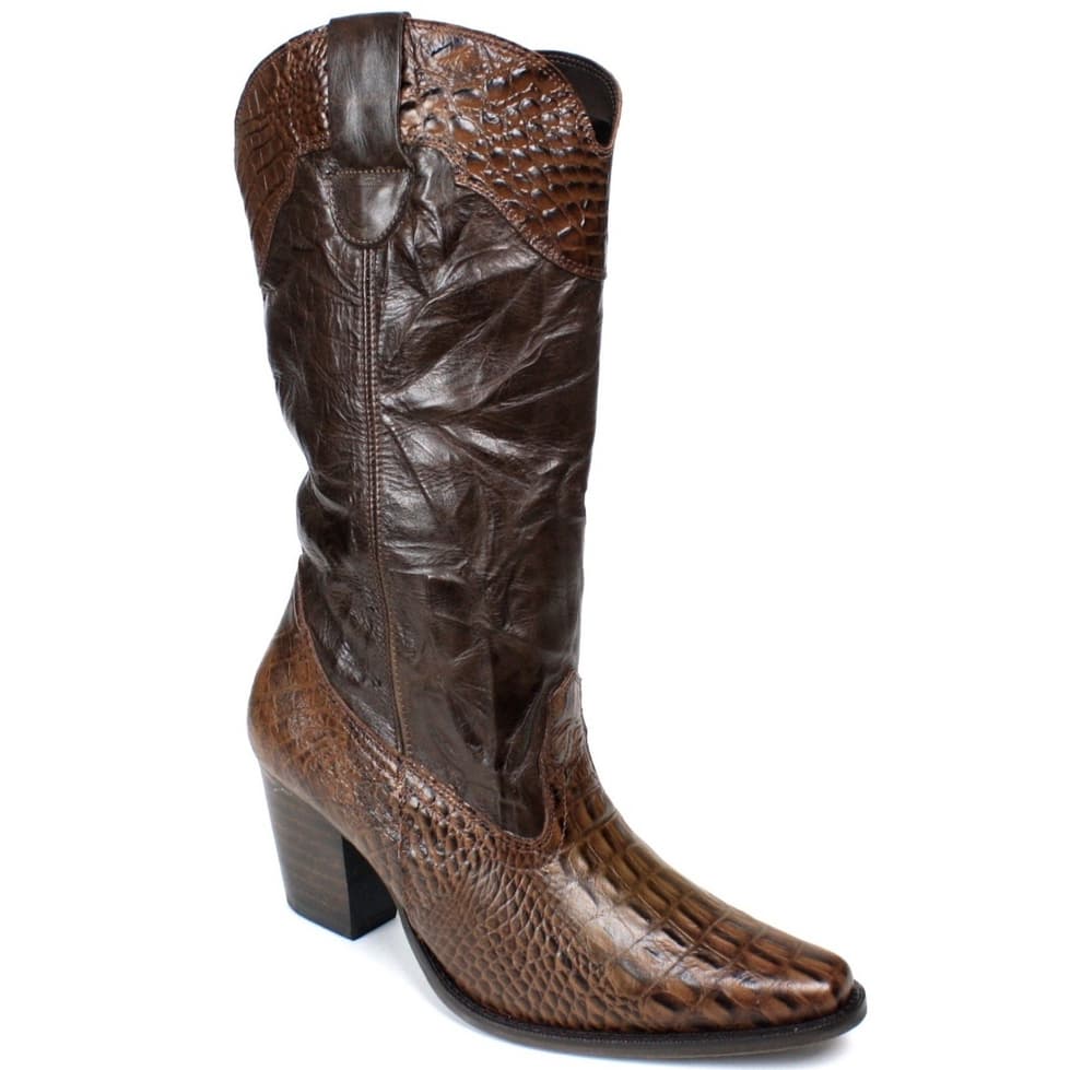 Bota Feminina Texana Country Cano Médio em Couro Estilo Croco