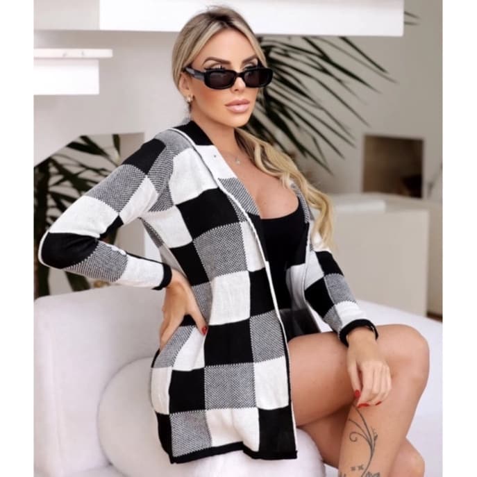 casaco xadrez cardigã inverno blusa manga longa sobretudo casacao