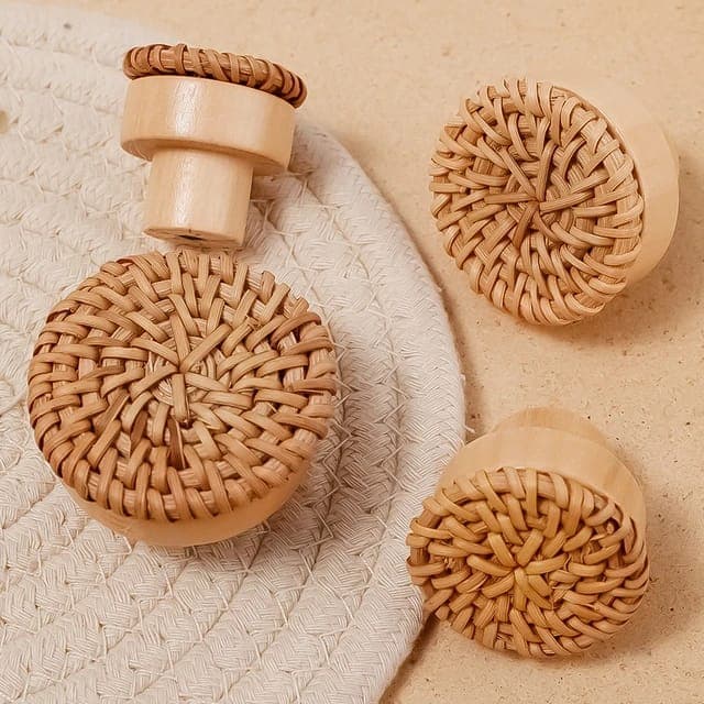 Puxadores Armário Gaveta Rattan Ecológico Madeira Boho Moderno
