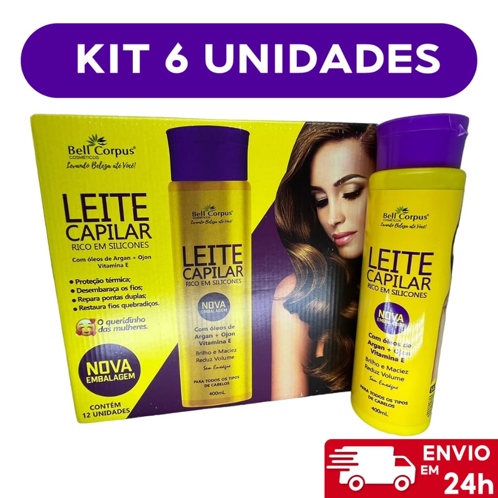 Kit com 6 Leite Capilar Siliconizado 400g Sem Enxágue Com Óleos De Argan - Bell Corpus