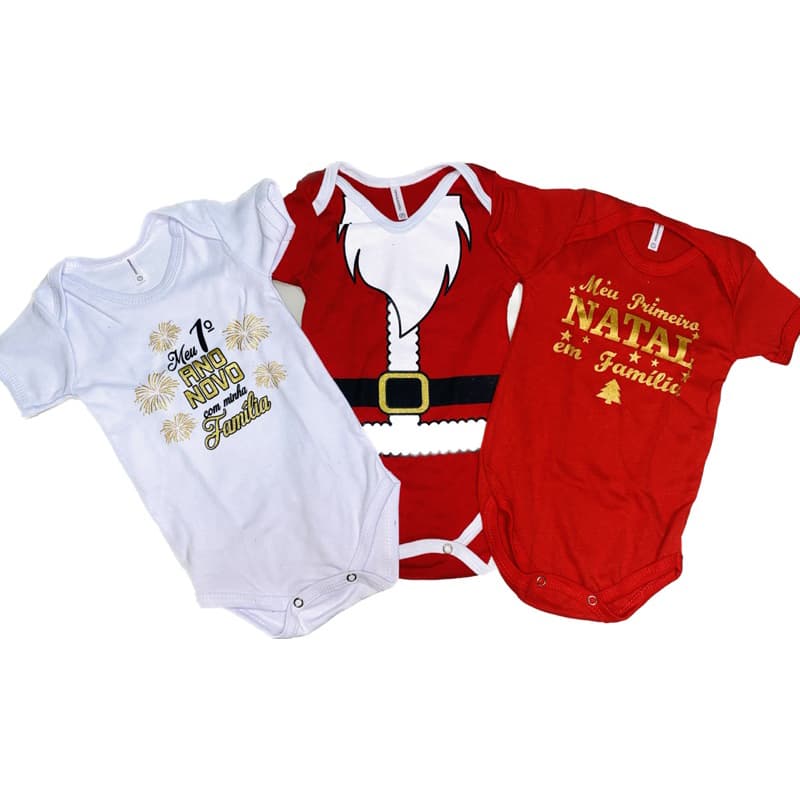 body bebê 100% algodão Natal e Ano Novo com 3/ body bebê/Body Natal/kit Natal/ gorro papai Noel