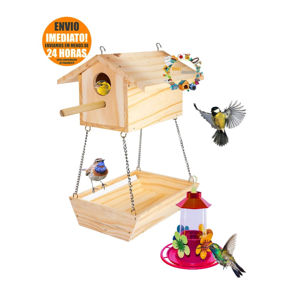 Kit Jardim Área Lazer Sitio Tratador Luxo Silvestre de Madeira Para Passaros Livres Comedouro Para Passarinho Alimenta