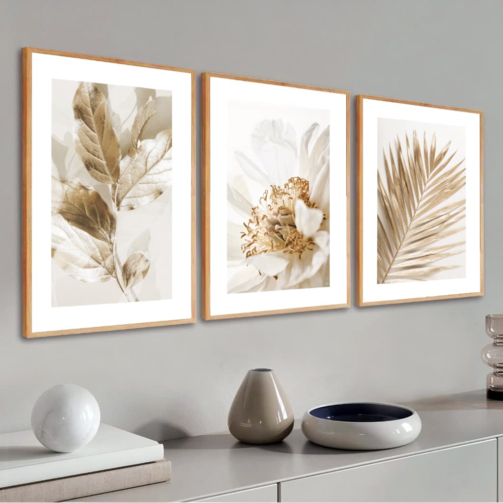 Kit 3 Quadros Decorativos Folhagem Dourada Gold Moldura 40X60 cm Sala Moderno