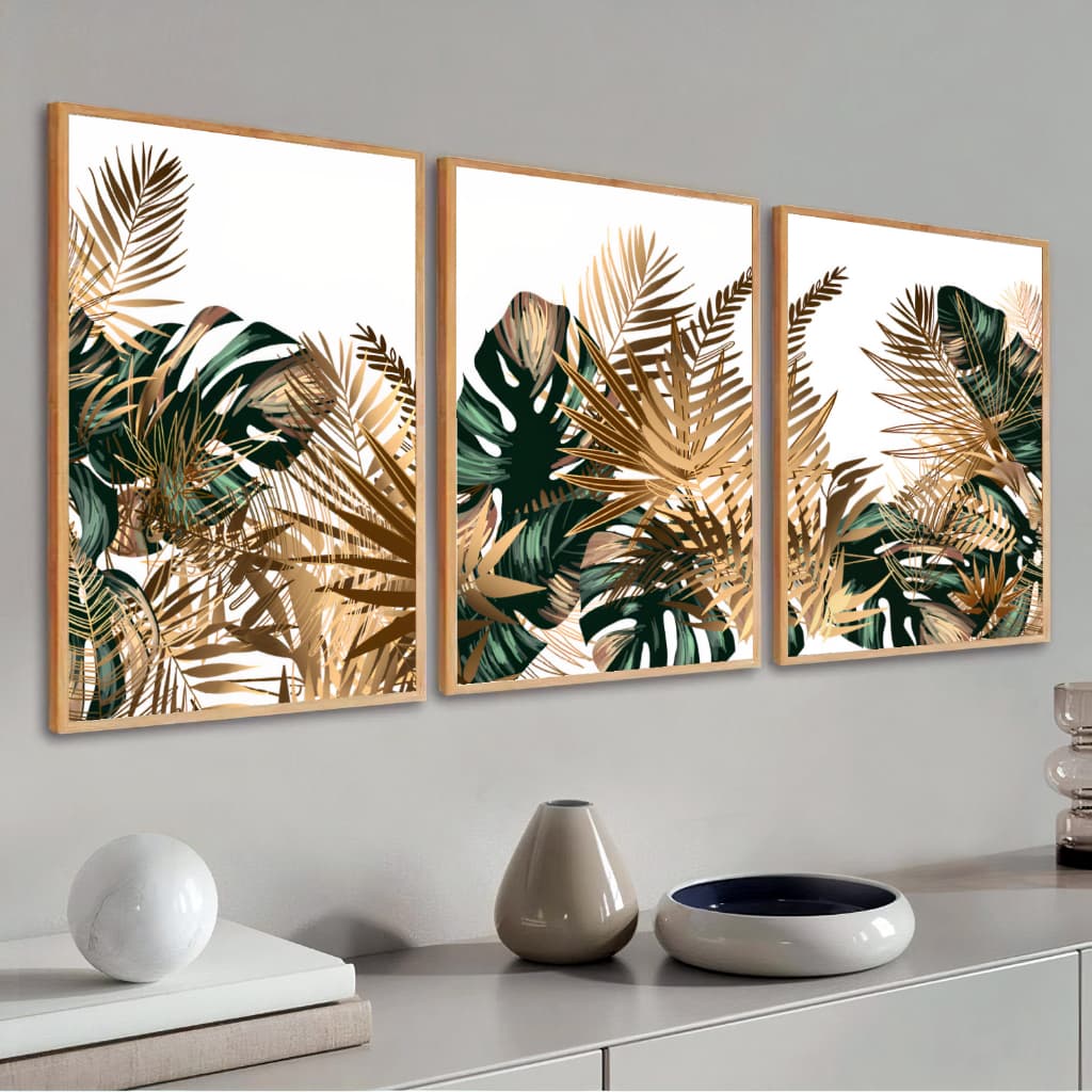 Kit Quadro Decorativo Moderno Sala Grande Moldura Premium Folhagem Dourada