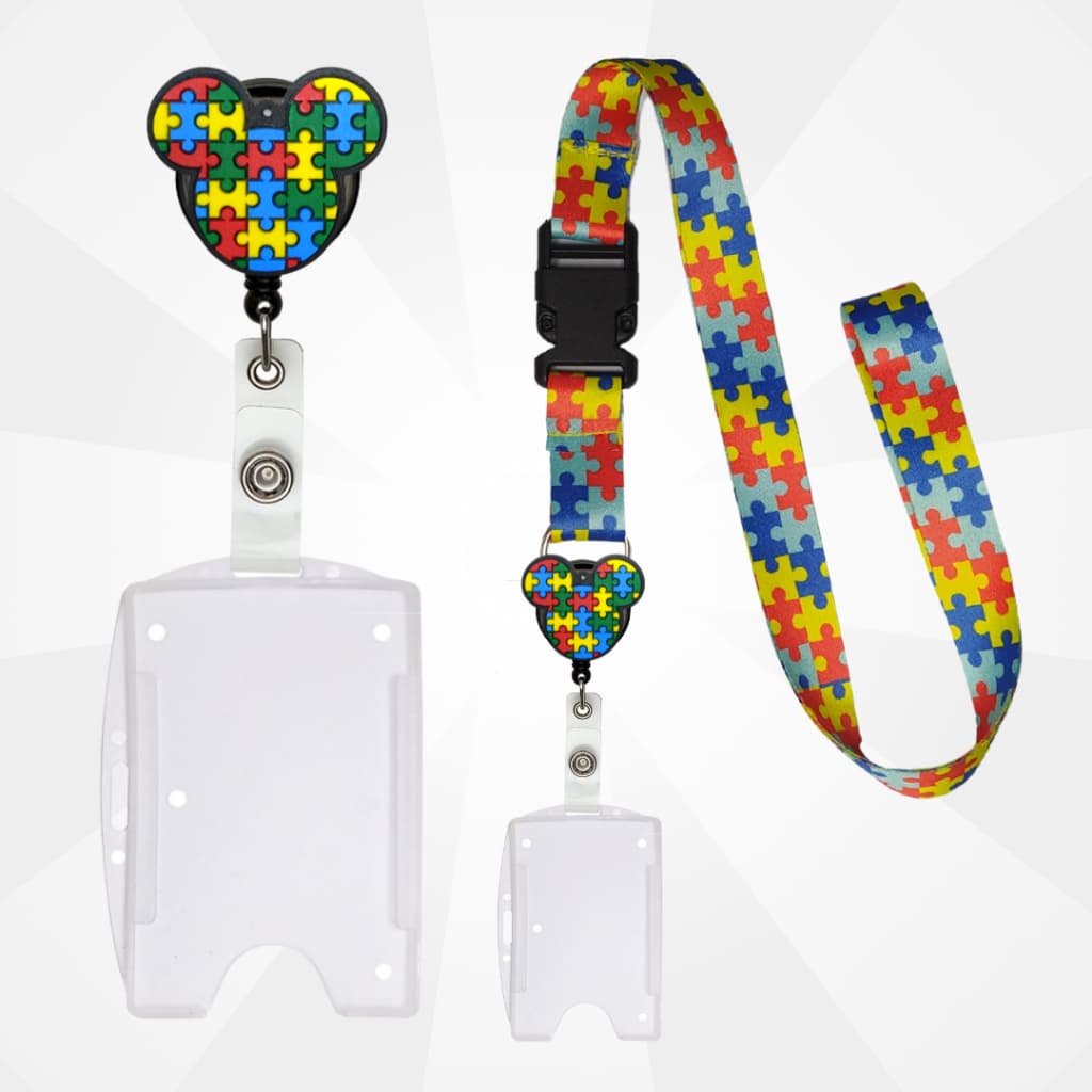 Kit Cordão Autista + Porta Crachá Retrátil Autista Laço Coração + Porta Cartão Transparente