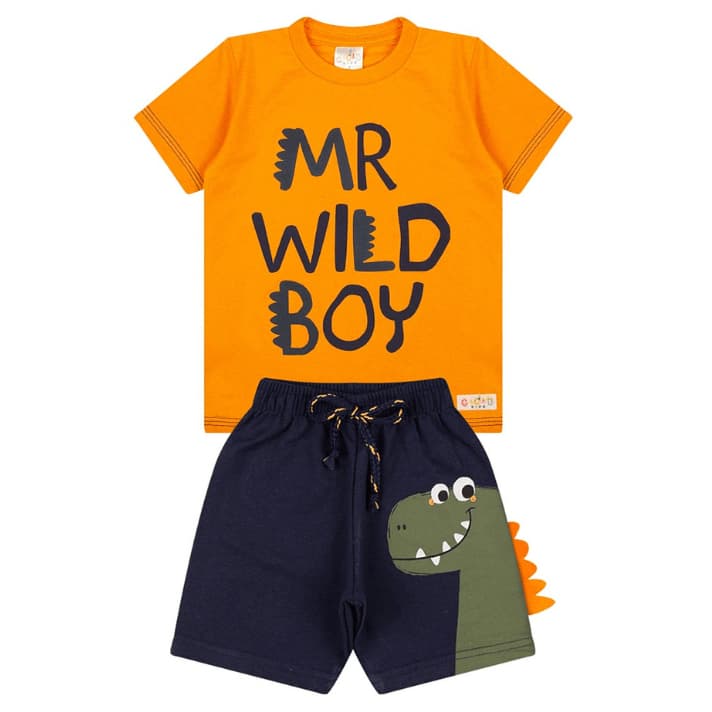 Conjunto Infantil Menino Camiseta com Estampa de Escrita e Bermuda em Moletom com Estampa Jacaré