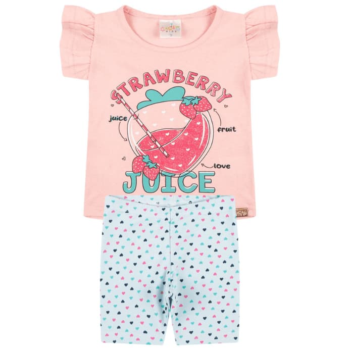 Conjunto Infantil Menina com Blusa Estampada e Short Estampado de Corações