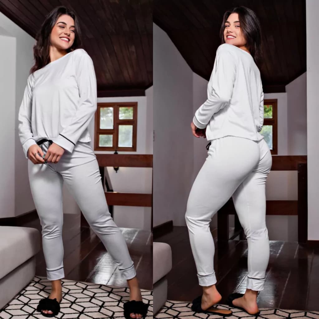 Pijama Inverno Manga Longa Calça Longa Quentinho Feminino Adulto Confortavel Frio de Dormir Slim