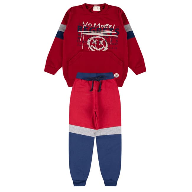 Conjunto Infantil Menino em Moletom com Casaco Estampado e Calça com Recortes