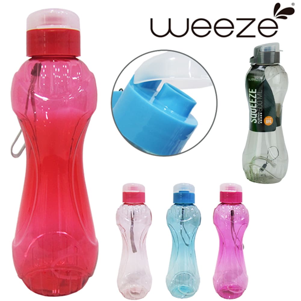 GARRAFA SQUEEZE DE PLASTICO PET COM TAMPA E ALCA WEEZE TRANSCOLOR 600ML