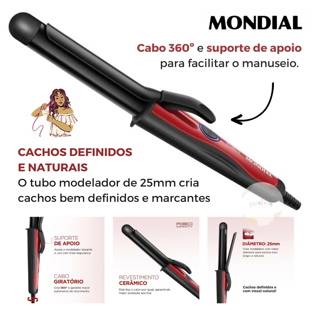 Modelador de Cachos 25mm Mondial 210ºC Infinity Chrome EM-12 BIVOLT - Original + Nota fiscal
