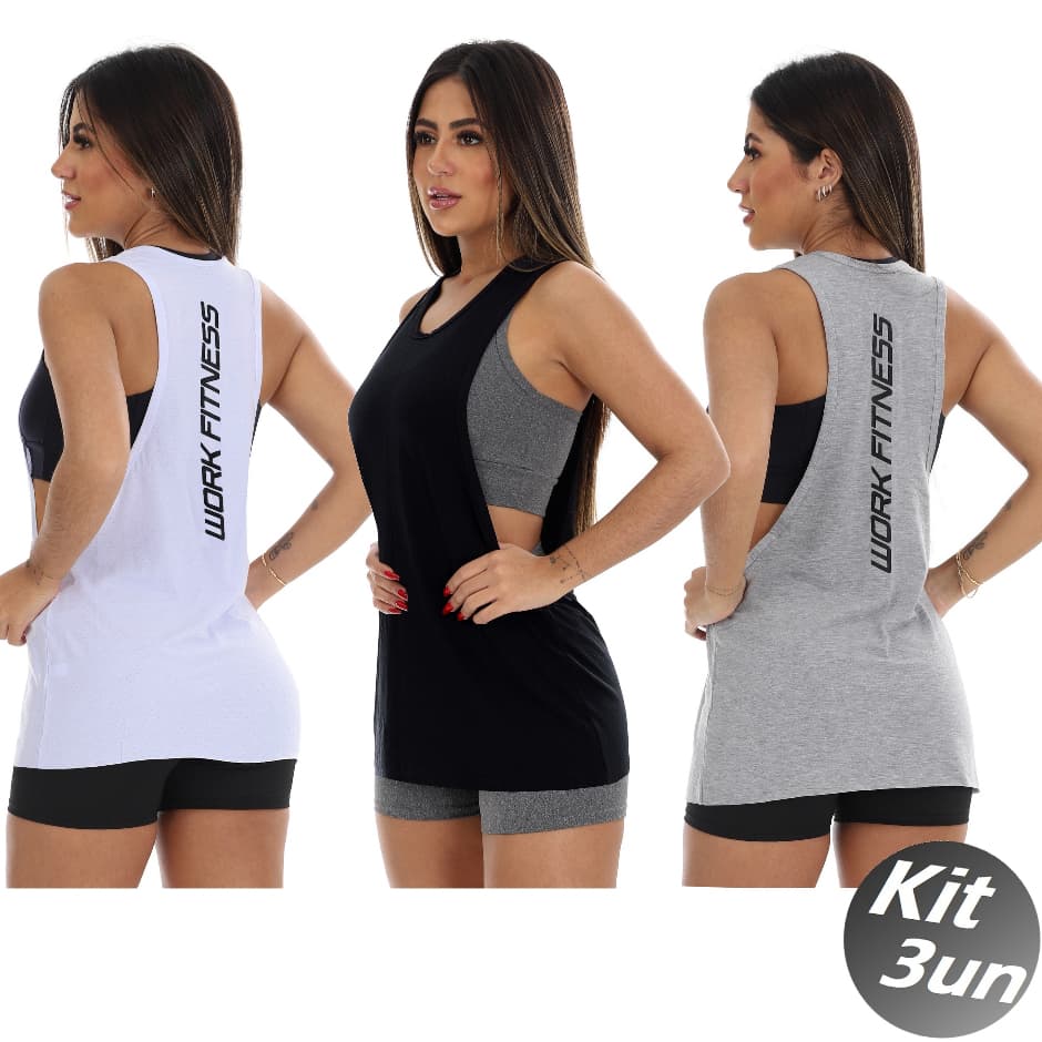Kit 3 Blusa Camiseta Regata Cavada Estampada Costas
