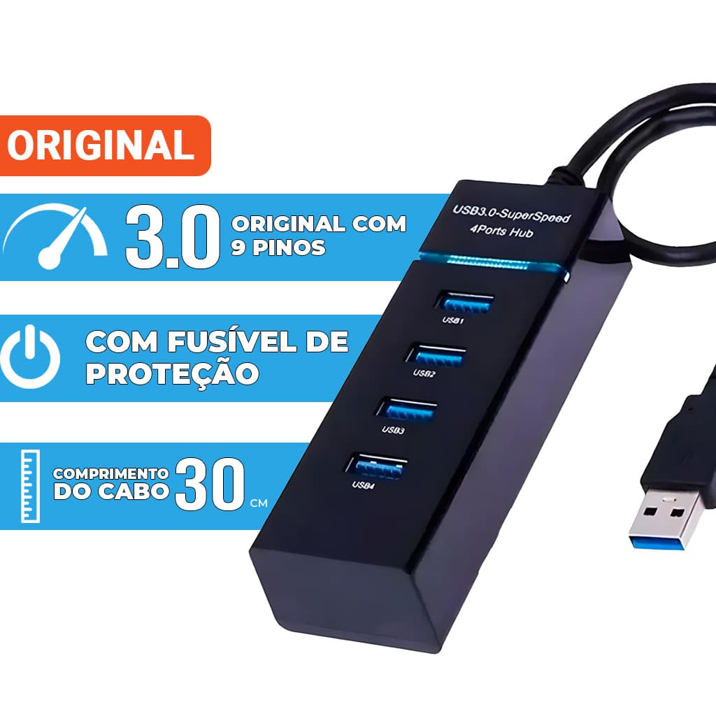 Hub USB 3.0 4 Portas Alta Velocidade 5 Gbps Com fusível de Proteção e tomada de alimentação 5V