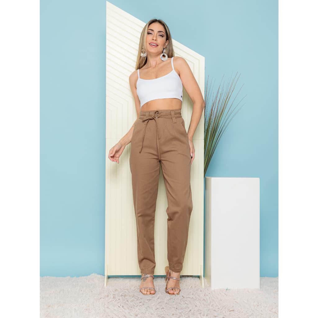 Calças casuais  feminina com bolso para cinto-COR: Caqui - Outlet de fábrica