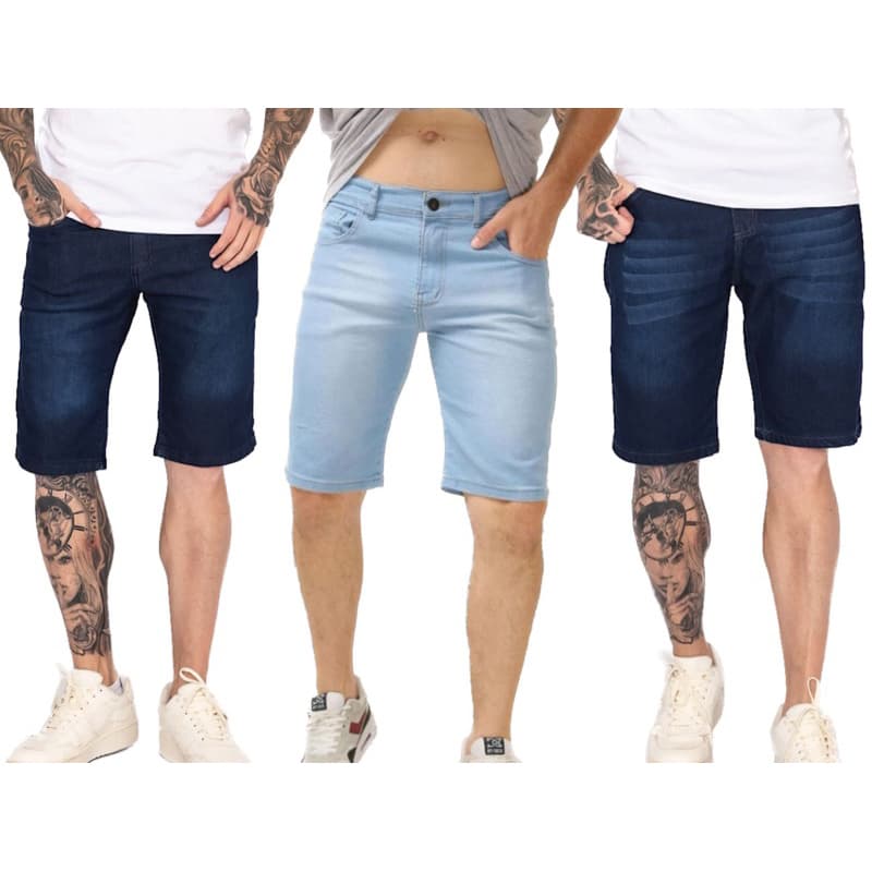 kit 3 bermuda masculina jeans lycra