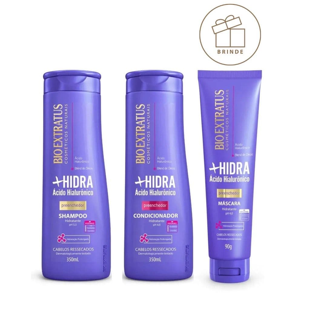 Shampoo e Condicionador + Másc 90g Mais + Hidra Bio Extratus Limpeza Hidratante 350ml Ácido Hialurônico