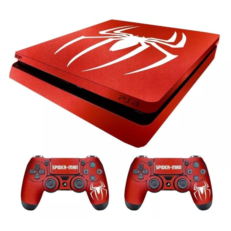 Kit Skin - Adesivo Metálico Compatível com Play 4 Slim - Modelo Homem Aranha + 2 Skins compativel com os Controles