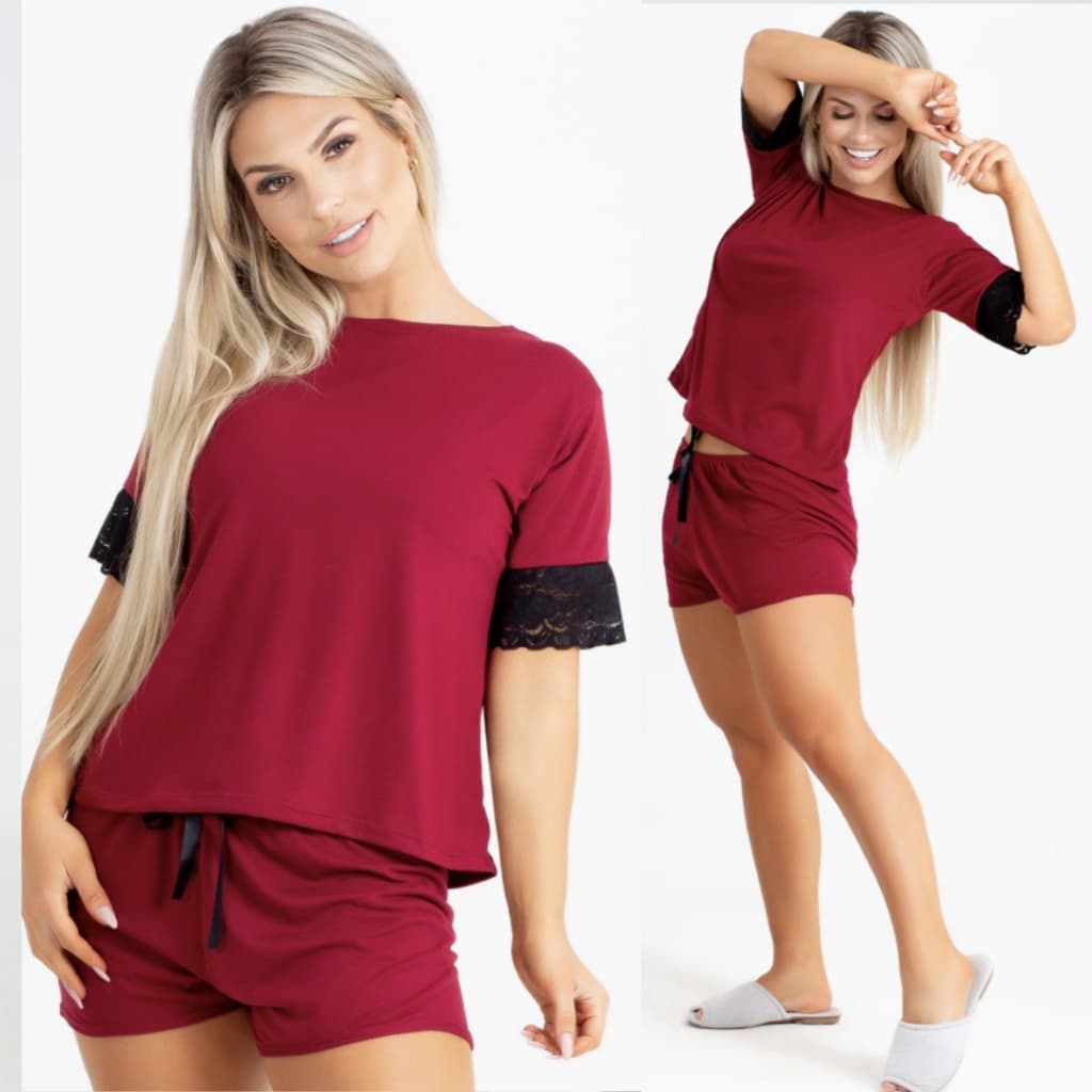Pijama Baby Doll Feminino Curto Short Doll Detalhes em Renda Confortavel Quentinho Gestação