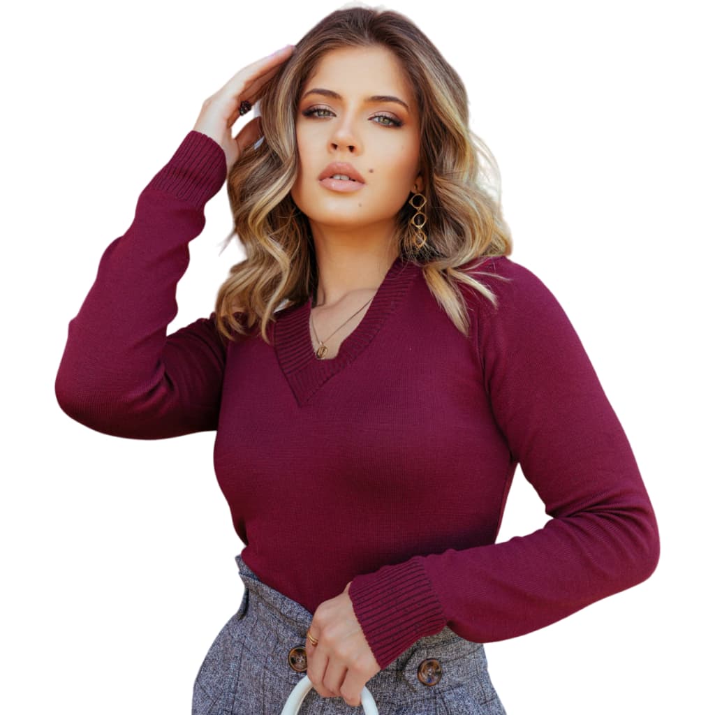 Blusa Feminina Básica Gola V Tricot Suéter Inverno Moda Tricô