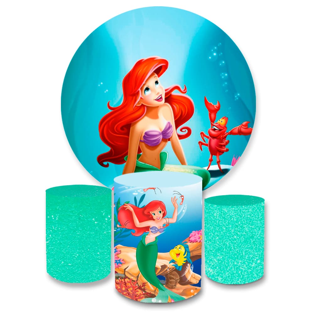 Kit Decoração Infantil Sereia Ar1el Painel Sublimado 1,50 + Trio Capa Cilindros Veste Fácil