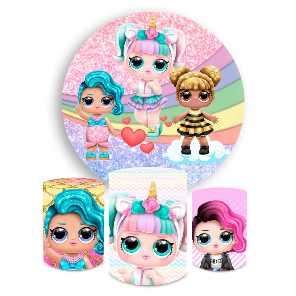 Kit Decorativo infantil Boneca Lol Painel Redondo + Trio Capa Cilindros Veste Fácil