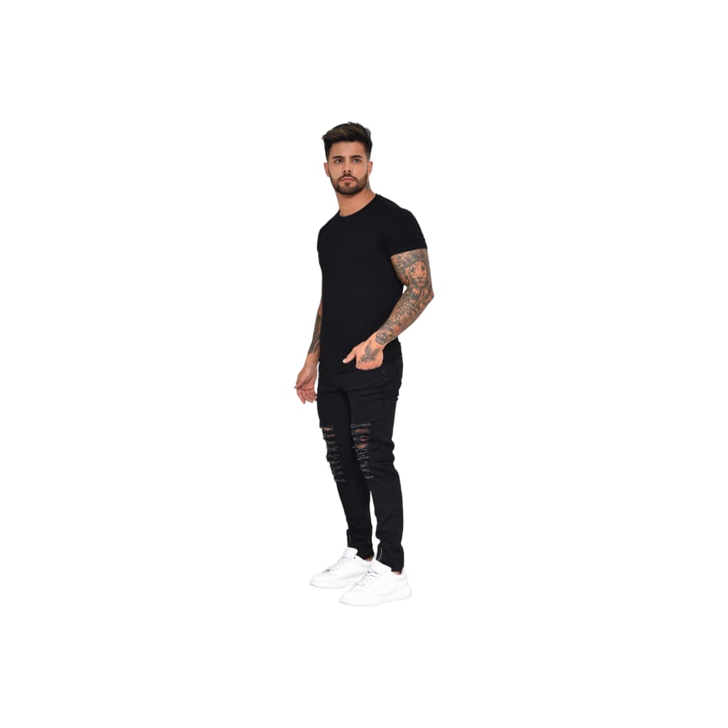 Calça Jeans Masculina Rasgada Destroyed Com Zíper Na Perna