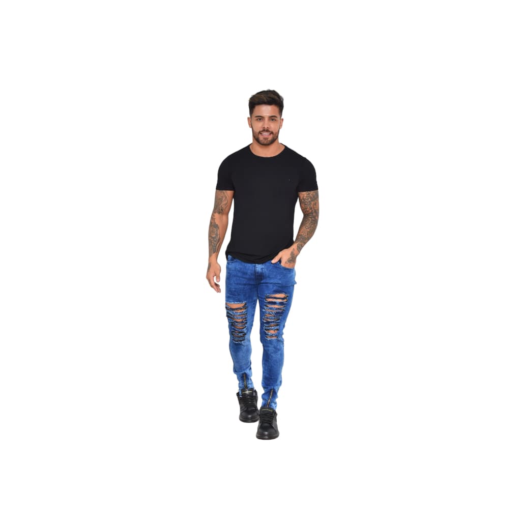 Calça Jeans Masculina Rasgada Skinny Destroyed Com Zíper Na Barra