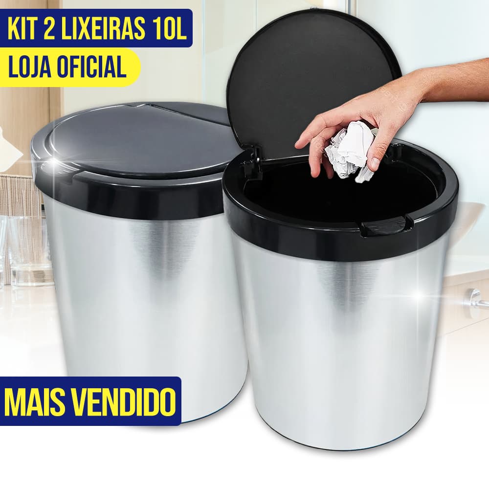 Kit 2 Lixeira Cesto de Lixo 10 Litros Inox Automática Tampa Click Label Antiodor Banheiro Cozinha