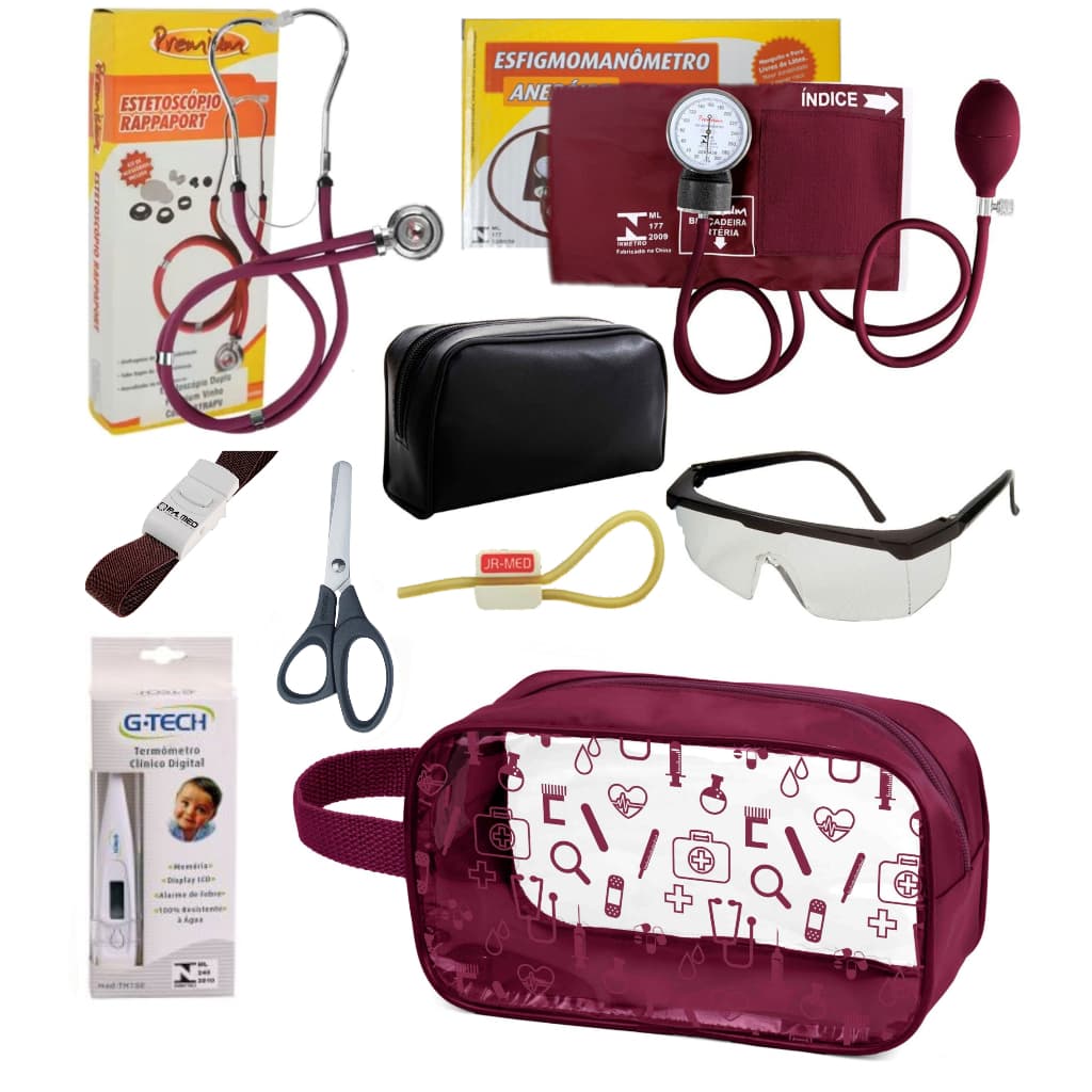 Kit Material de Enfermagem Aparelho Pressão com Estetoscópio Rappaport Duplo Completo + Necessaire