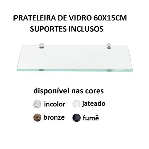 Prateleira de Vidro 6015 cm 60x15 com Suporte para banheiro decoração