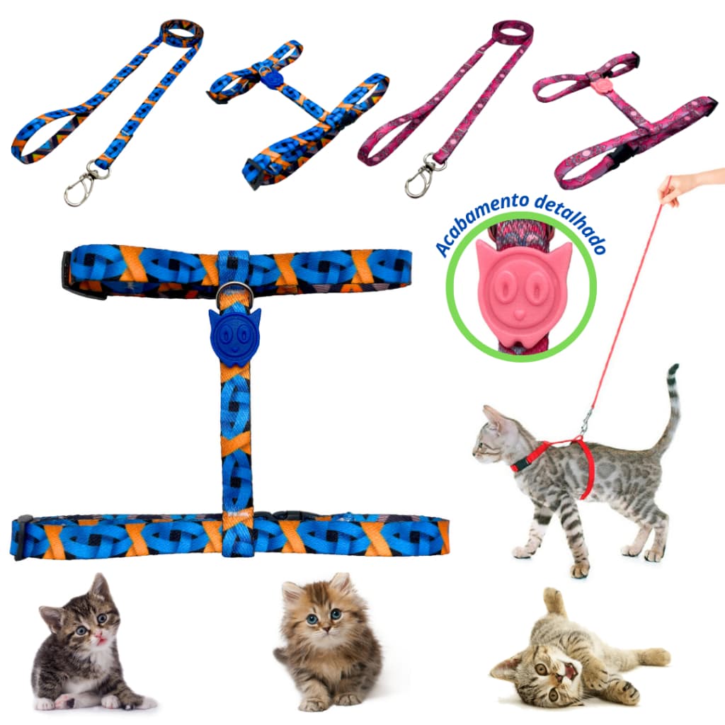 Peitoral com guia para gatos coleira ajustável passeio modelo H