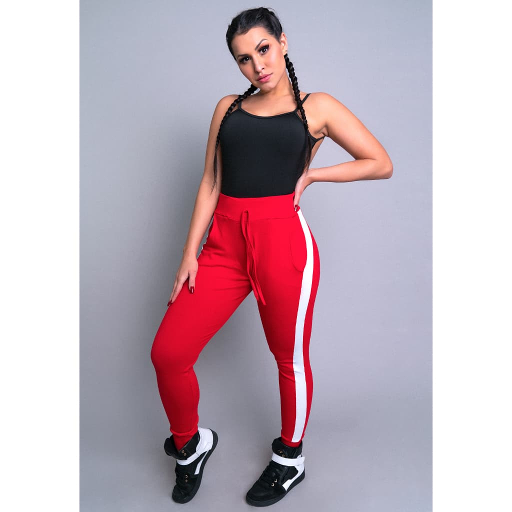 Calça Jogger Ribana Moletom Listra Feminina Moda Cintura Alta Mvb Modas