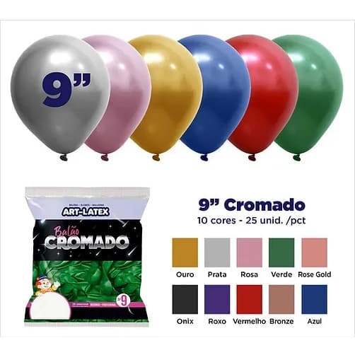 Balão Cromado 9" Diversas Cores – 25 Unid – Art Latex