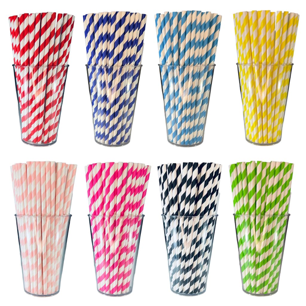 50 Canudos Listrado Papel Biodegradável 6mmx19,7cm 2 Cores