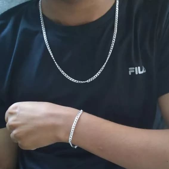 Kit 2 peças Corrente Cordão Com Pulseira Banhado Prata MISTA 925 Masculina 60Cm 3mm