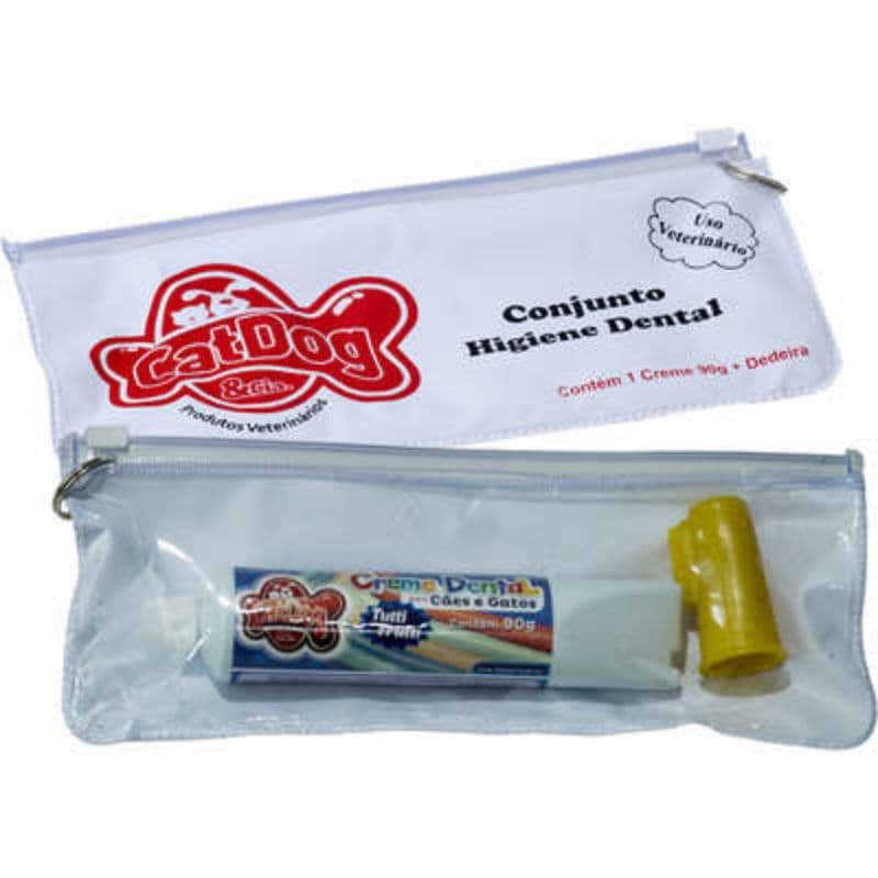 Conjunto Higiene Dental Pet cães e gatos Cat Dog Creme Dental Sabor Tutti-Fruti Dedeira