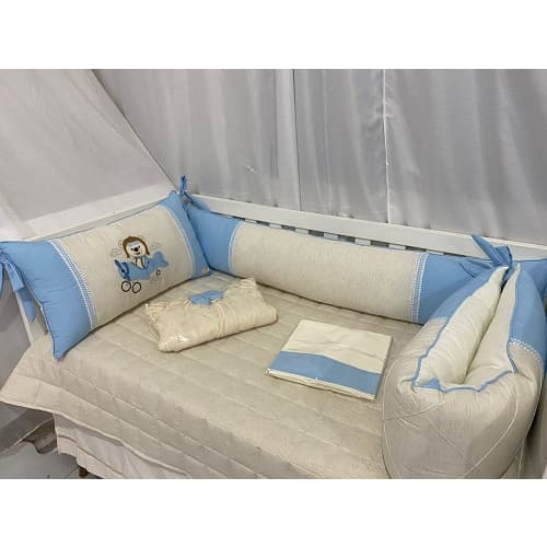 Kit Berço Americano Paris Ursinho Aviador 9 Peças Azul Com Linho
