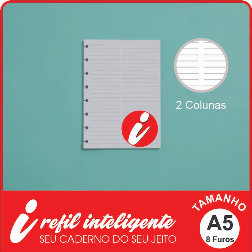 Refil Inteligente A5 2 Colunas para Anotações 8 Furos é compatível com Caderno Inteligente e Cadernos com 8 Discos