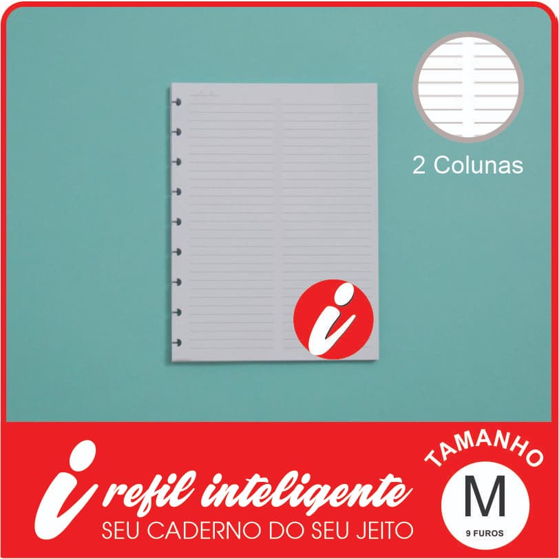 Refil Inteligente Médio 2 Colunas para Anotações 9 Furos é compatível com Caderno Inteligente e Cadernos com 9 Discos