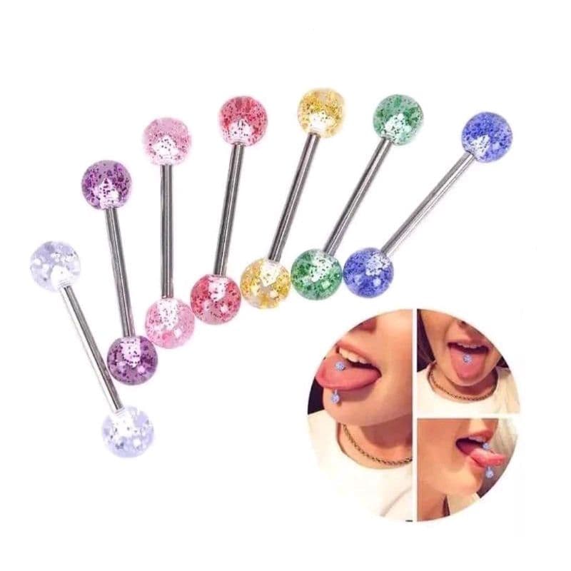 Kit 5 Piercing de Língua Com Glitter 19mm Unissex Aço Cirúrgico