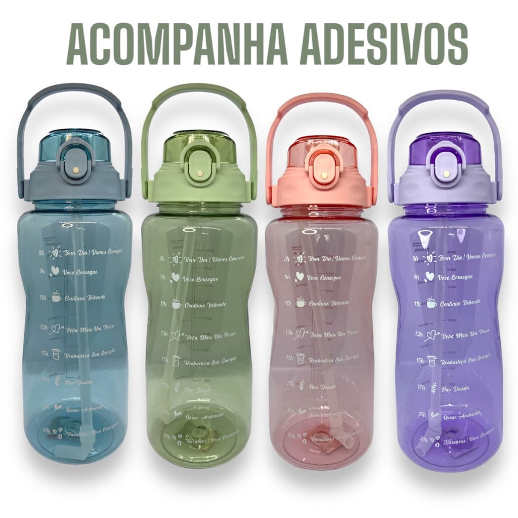 Garrafa de Água com Adesivos 2000ml Grande Galão Squeeze transparente com Canudo Motivacionais