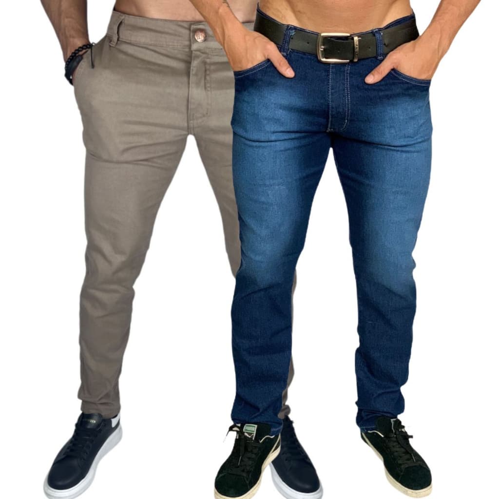 KIT COM DUAS CALÇAS SARJA  CHINO CÁQUI E JEANS ESCURA BOLSOS LINDOS E ÓTIMO ACABAMENTO