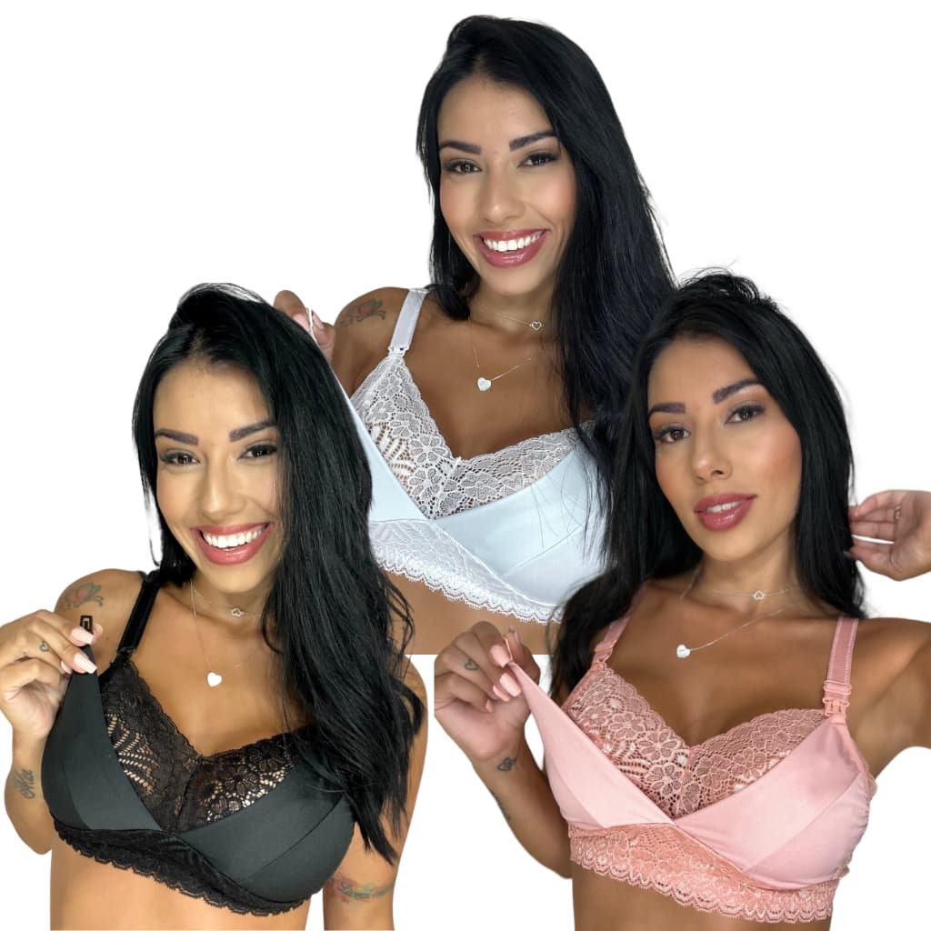 KIT 3 Sutiã Amamentação Sem Bojo Gestante Pós Parto PREMIUM
