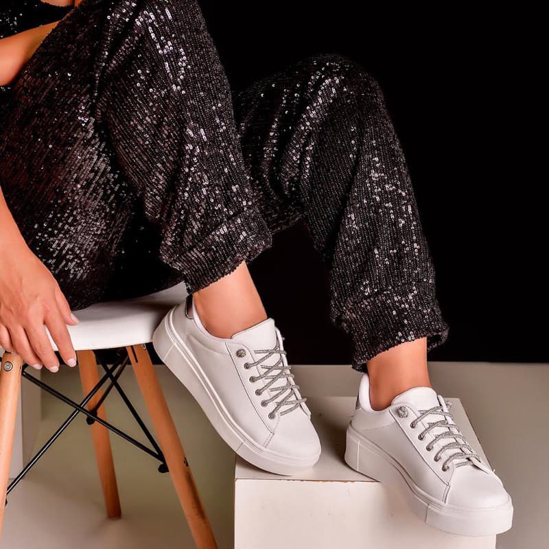 Tênis Feminino Cadarço De Strass Cordas Brilhantes Moda De Luxo
