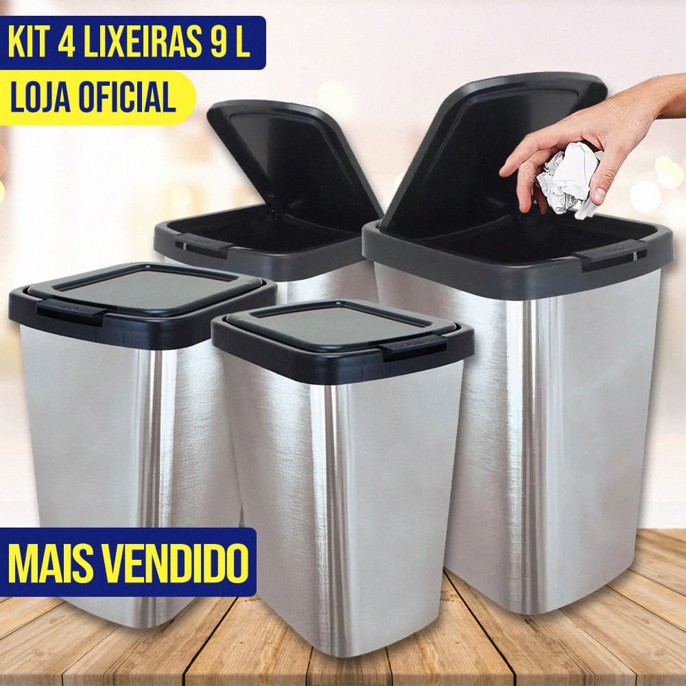 Kit 4 Lixeiras 9 Litros Cestos de Lixo para Cozinha Banheiro Escritório Automática Grande Tipo Inox Tampa Click Label PRONTA ENTREGA