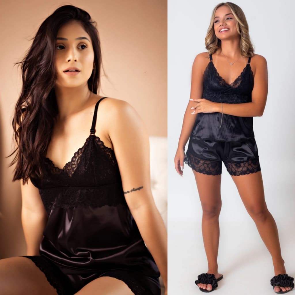Baby Doll Seda Com Detalhes em Renda Preto Obsidiana